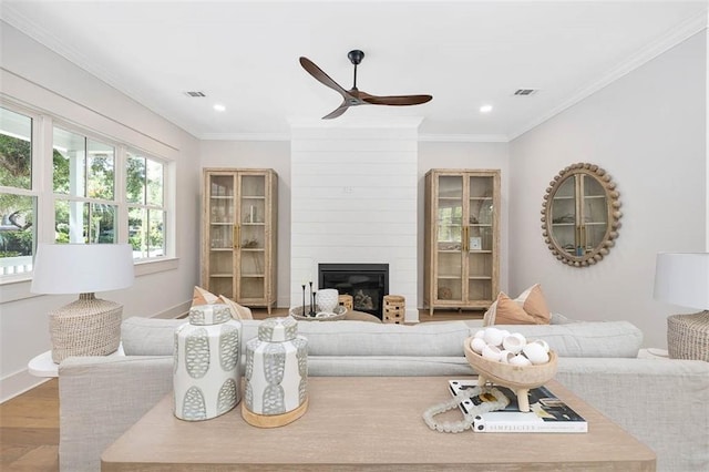 bedroom with access to exterior, wood-type flooring, and ornamental molding