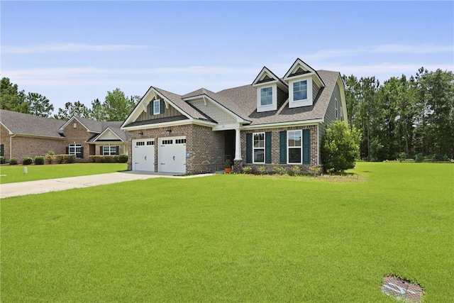 64 Wellington Cir, Brunswick, GA 31525 - craftsman house with a front yard, concrete driveway, a garage, and brick siding