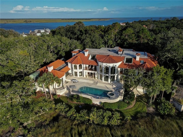 aerial view featuring a water view