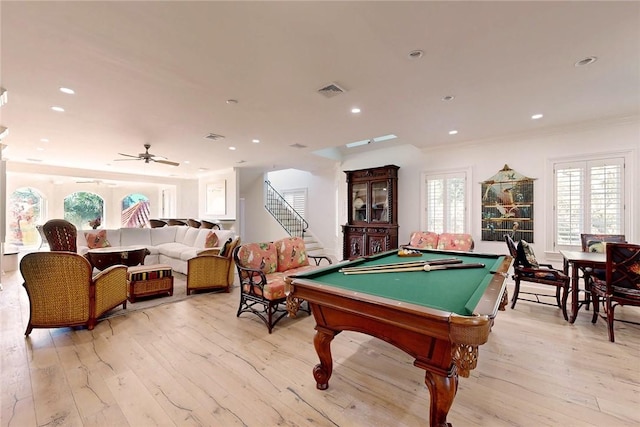 game room with crown molding, light hardwood / wood-style floors, and billiards