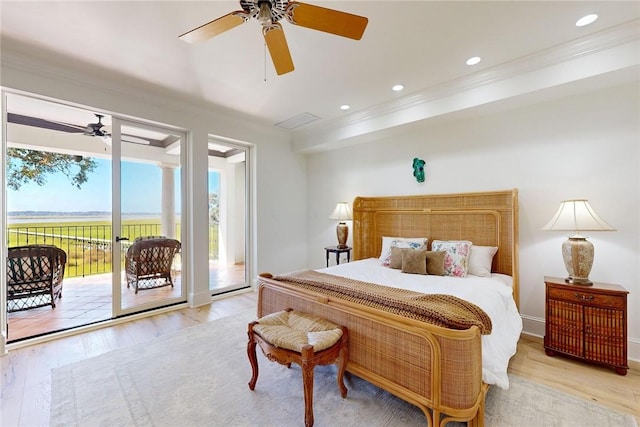 bedroom with ceiling fan, ornamental molding, access to exterior, and light hardwood / wood-style floors