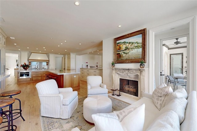 living room with a premium fireplace, sink, and light hardwood / wood-style flooring