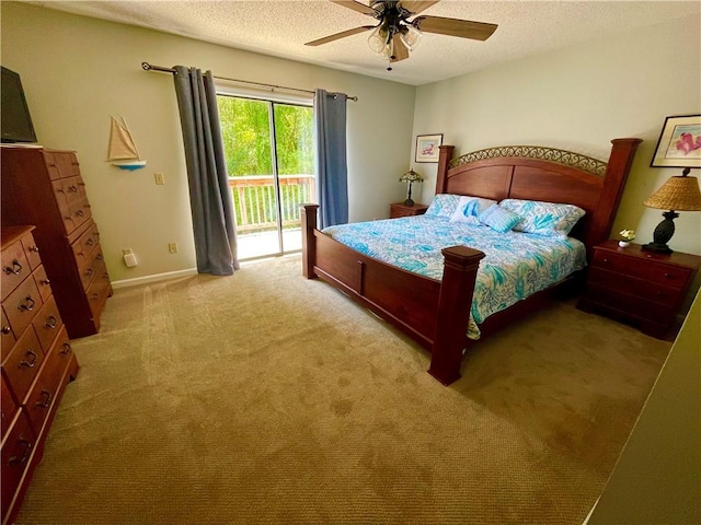 622 Brockinton Pt, Saint Simons Island, GA 31522 - bedroom featuring access to exterior, light carpet, a textured ceiling, a ceiling fan, and baseboards