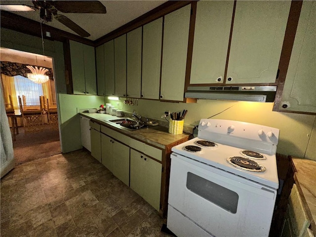 kitchen with ceiling fan with notable chandelier, sink, and white range with electric stovetop