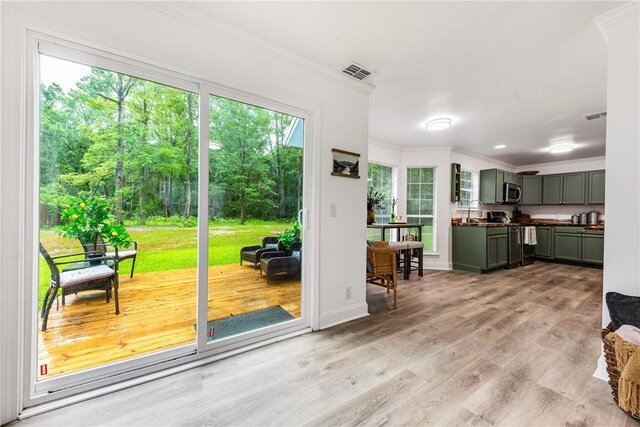 416 S Deals Cir, Woodbine, GA 31569 - doorway featuring ornamental molding, light wood finished floors, a sink, and baseboards