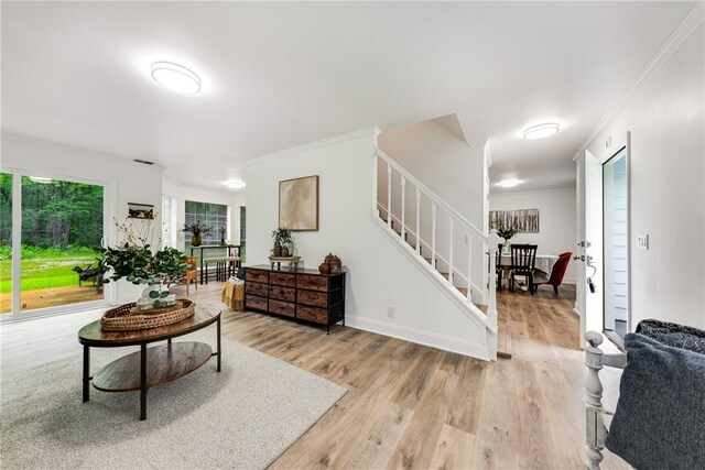 416 S Deals Cir, Woodbine, GA 31569 - living room featuring stairway, light wood finished floors, and ornamental molding