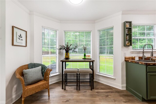 416 S Deals Cir, Woodbine, GA 31569 - kitchen featuring green cabinetry, stainless steel microwave, ornamental molding, light wood finished floors, and a sink