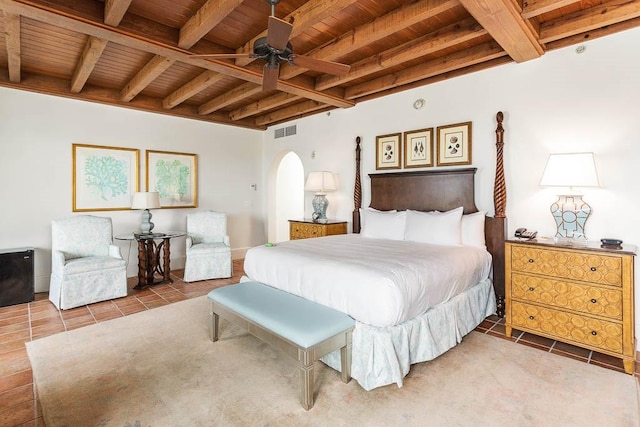 bedroom with beam ceiling, ceiling fan, tile patterned floors, and wooden ceiling