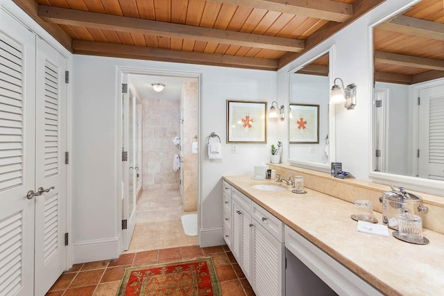 bathroom with beam ceiling, vanity, wooden ceiling, and a shower with shower door