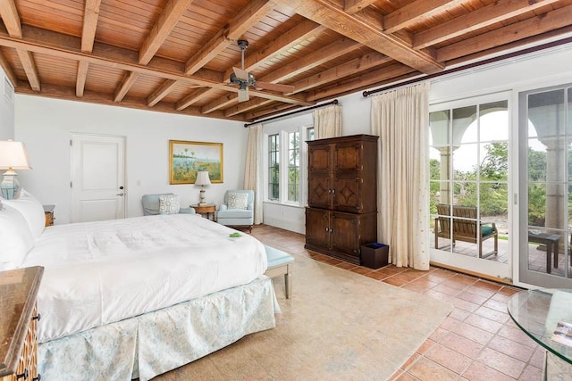 bedroom with access to exterior, wood ceiling, ceiling fan, beam ceiling, and light tile patterned floors