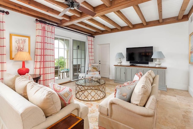 living room featuring beam ceiling and ceiling fan