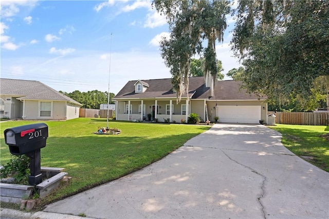 view of front facade featuring a porch, a garage, and a front lawn