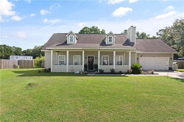 new england style home featuring a front lawn, a porch, and a garage