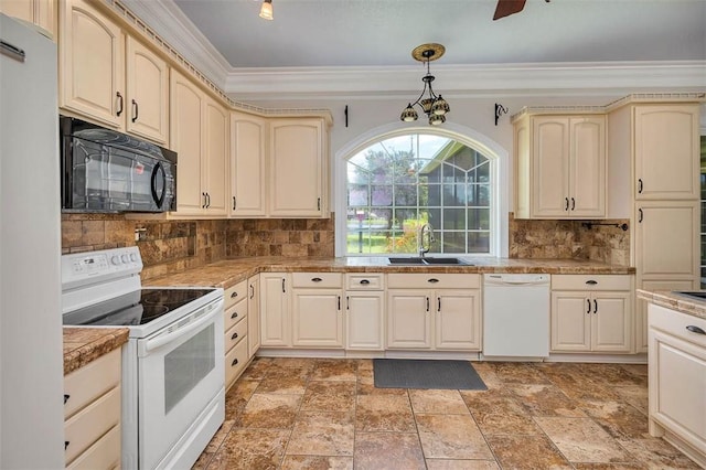 110 Rachel Way, Brunswick, GA 31523 - kitchen featuring white appliances, cream cabinets, decorative backsplash, light stone finish flooring, and ornamental molding