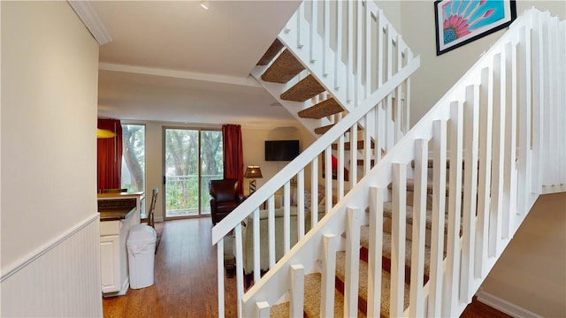 stairs with hardwood / wood-style floors