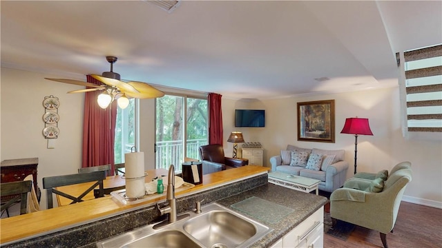 kitchen with ceiling fan, dark hardwood / wood-style flooring, white cabinetry, and sink