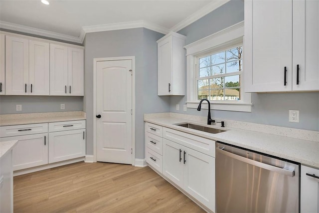 117 Rachel Way, Brunswick, GA 31523 - kitchen with dishwasher, white cabinetry, light wood-type flooring, crown molding, and light stone counters
