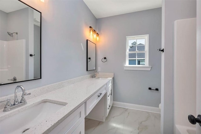 117 Rachel Way, Brunswick, GA 31523 - bathroom featuring a shower, double vanity, marble finish flooring, and a bath
