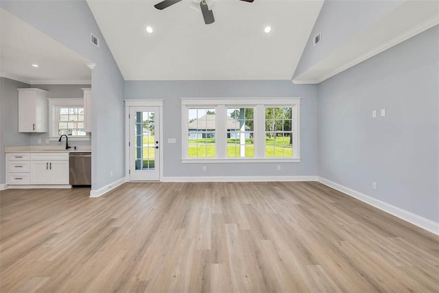 117 Rachel Way, Brunswick, GA 31523 - unfurnished living room featuring ceiling fan, light wood finished floors, high vaulted ceiling, ornamental molding, and recessed lighting
