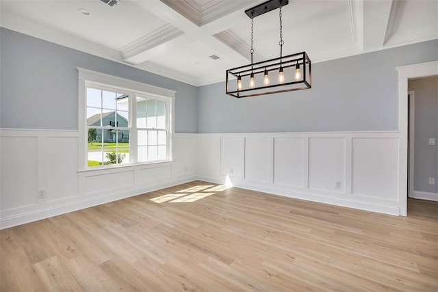 117 Rachel Way, Brunswick, GA 31523 - unfurnished dining area with coffered ceiling, beamed ceiling, a decorative wall, light wood-style floors, and wainscoting