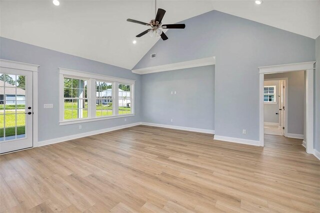 117 Rachel Way, Brunswick, GA 31523 - empty room with a ceiling fan, high vaulted ceiling, recessed lighting, and light wood-type flooring