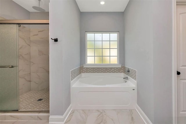 117 Rachel Way, Brunswick, GA 31523 - full bathroom with marble finish flooring, a garden tub, a stall shower, and recessed lighting