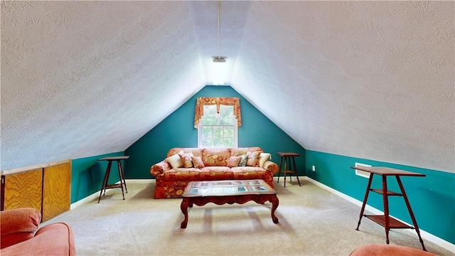 1457 N River Oaks Dr, Blackshear, GA 31516 - living area featuring a textured ceiling, vaulted ceiling, and carpet