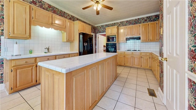 1457 N River Oaks Dr, Blackshear, GA 31516 - kitchen featuring black appliances, tile counters, light brown cabinets, light tile patterned floors, and ornamental molding