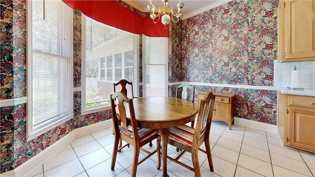 1457 N River Oaks Dr, Blackshear, GA 31516 - dining area with wallpapered walls, light tile patterned flooring, crown molding, and a chandelier