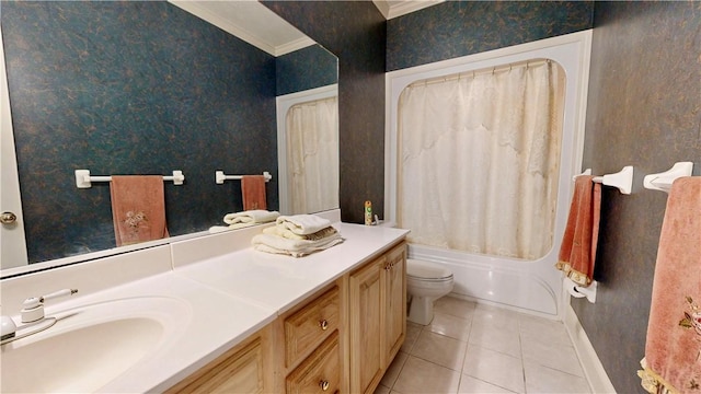 1457 N River Oaks Dr, Blackshear, GA 31516 - bathroom featuring tile patterned flooring, vanity, ornamental molding, shower / tub combo, and wallpapered walls