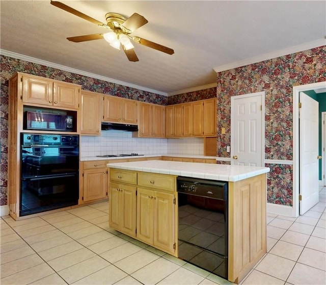 1457 N River Oaks Dr, Blackshear, GA 31516 - kitchen featuring black appliances, tile countertops, crown molding, light tile patterned floors, and wallpapered walls