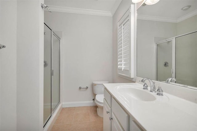 full bathroom with baseboards, a shower stall, and ornamental molding