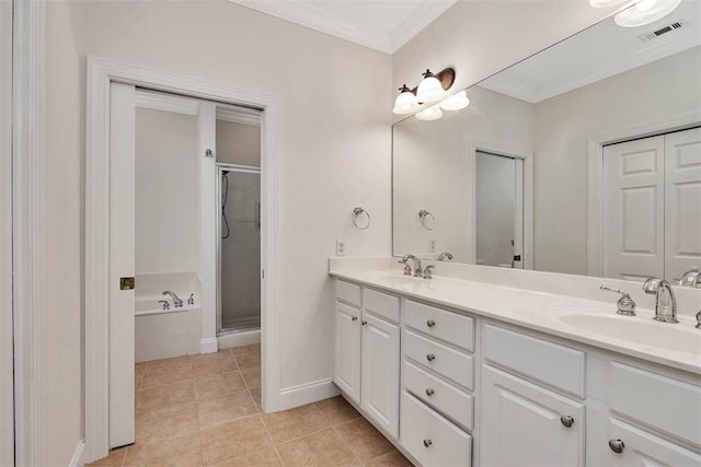 bathroom featuring crown molding, a sink, double vanity, visible vents, and a stall shower