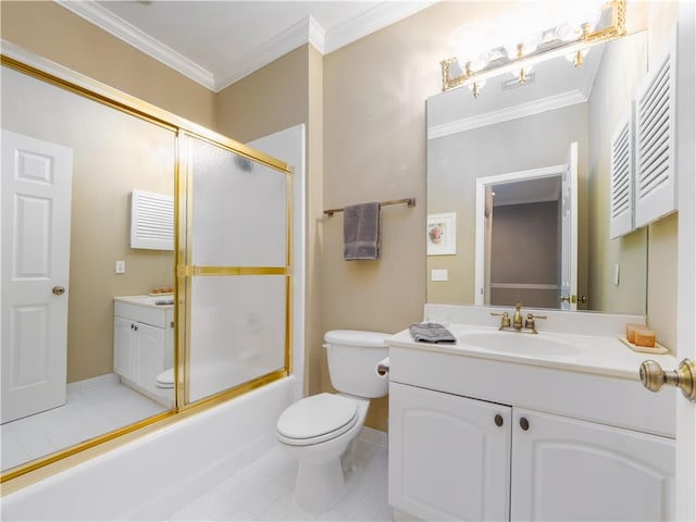 1106 Plantation Point Dr, Saint Simons Island, GA 31522 - full bath with vanity, toilet, ornamental molding, tile patterned flooring, and enclosed tub / shower combo