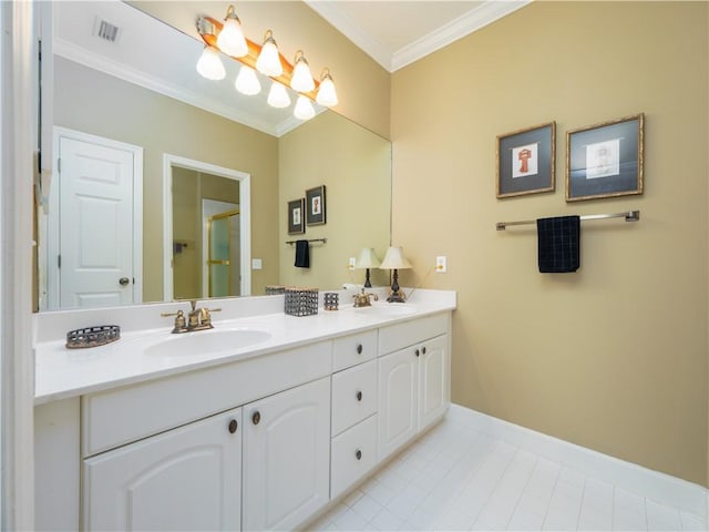 1106 Plantation Point Dr, Saint Simons Island, GA 31522 - full bathroom featuring crown molding, a shower stall, double vanity, tile patterned flooring, and baseboards