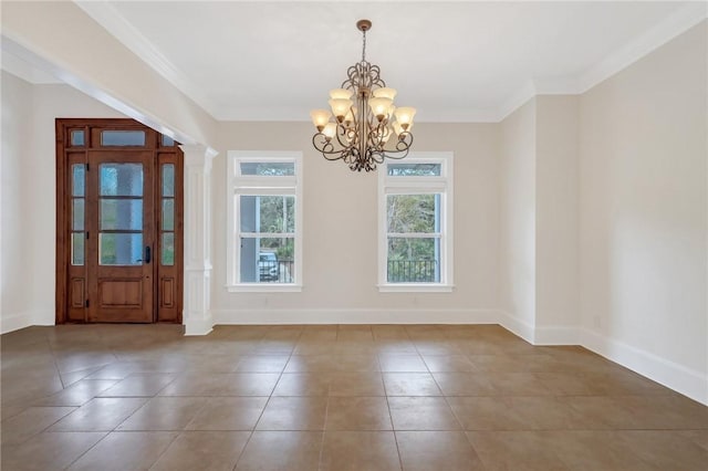 interior space featuring an inviting chandelier, tile patterned flooring, and ornamental molding