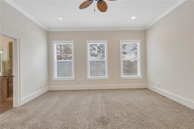 unfurnished room with carpet floors, ornamental molding, and ceiling fan