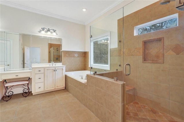 bathroom featuring crown molding, independent shower and bath, tile patterned flooring, and a wealth of natural light