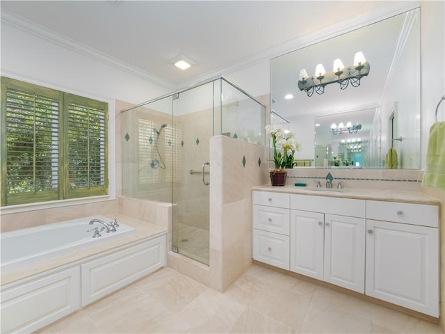 104 Colony Pl, Saint Simons Island, GA 31522 - full bath featuring ornamental molding, a bath, vanity, a stall shower, and a chandelier
