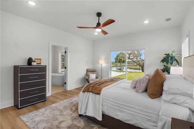 bedroom featuring access to outside, light hardwood / wood-style floors, and ceiling fan