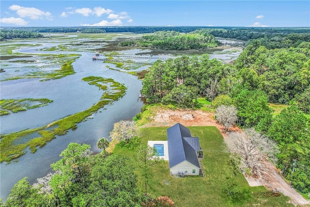 drone / aerial view featuring a water view