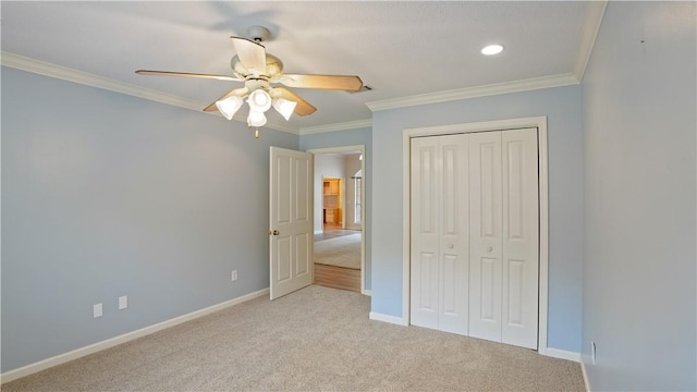 500 Altamaha Rd, Jesup, GA 31545 - unfurnished bedroom featuring carpet, a closet, ornamental molding, a ceiling fan, and recessed lighting