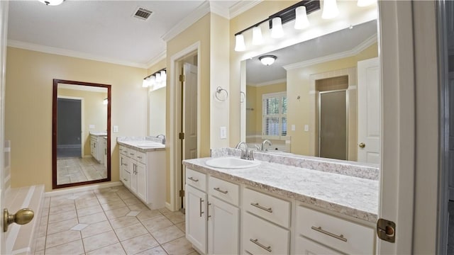 500 Altamaha Rd, Jesup, GA 31545 - bathroom with a shower stall, ornamental molding, two vanities, and tile patterned flooring