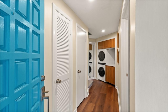 1332 Oak St Unit 9, Saint Simons Island, GA 31522 - laundry area featuring stacked washer / drying machine, dark wood-style floors, and recessed lighting