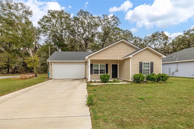 single story home with a garage and a front yard