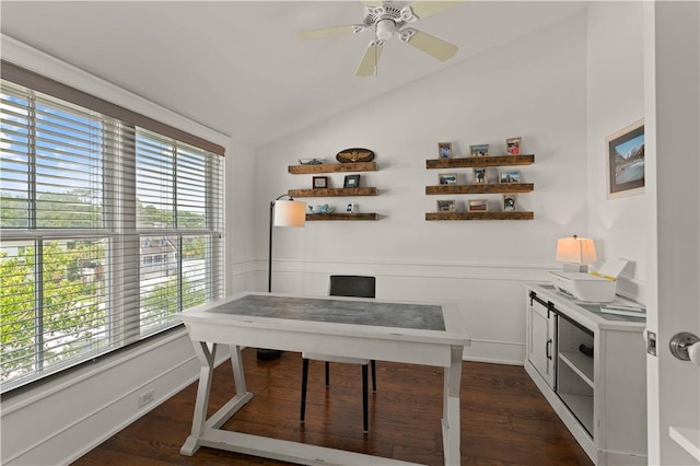 office space featuring dark wood-type flooring, ceiling fan, and lofted ceiling