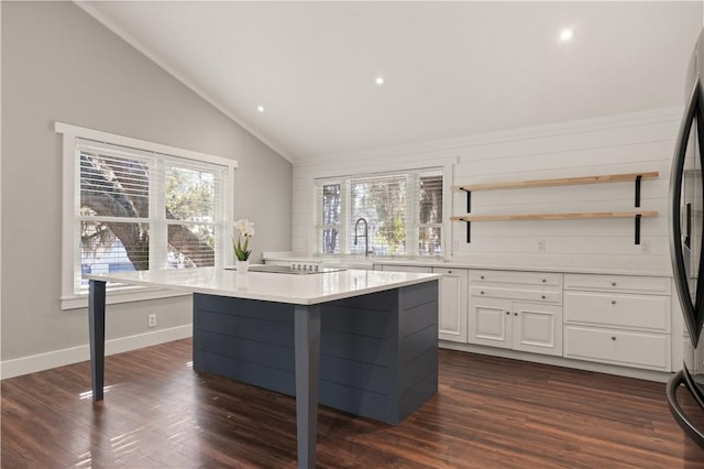 kitchen featuring lofted ceiling, dark wood-type flooring, white cabinets, sink, and a kitchen island