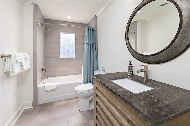 1626 Bruce Dr, Saint Simons Island, GA 31522 - full bathroom featuring vanity, baseboards, tile patterned flooring, shower / bath combination with curtain, and toilet