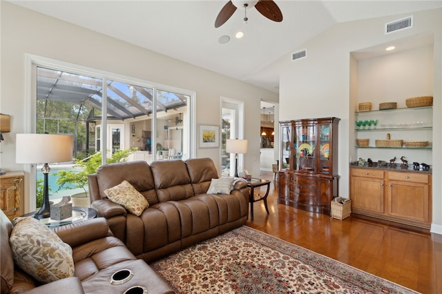 2491 Isles Of St Marys Way, Saint Marys, GA 31558 - living area with vaulted ceiling, ceiling fan, and wood finished floors