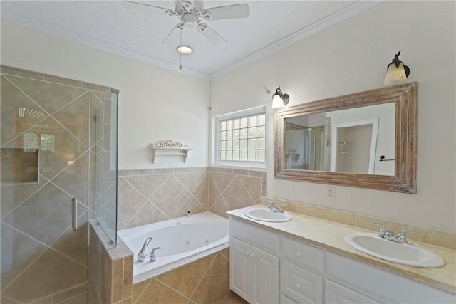 151 Raymonds Grant Trce, Saint Simons Island, GA 31522 - full bathroom with a whirlpool tub, a shower stall, double vanity, a ceiling fan, and ornamental molding